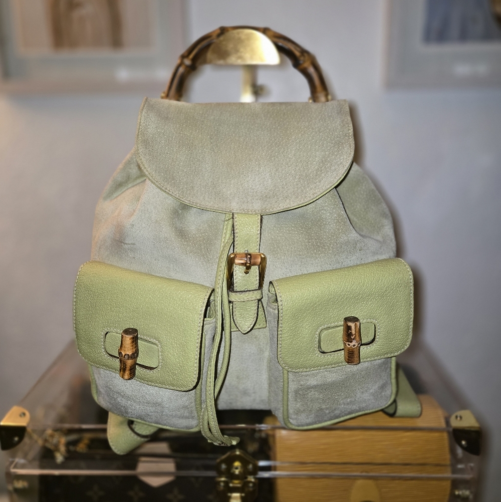 Vintage GUCCI Green Backpack with Bamboo Accents